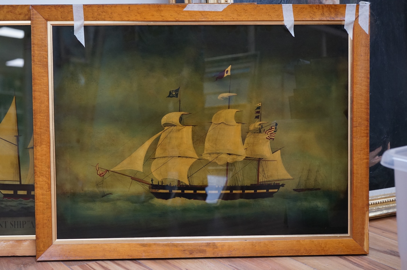 Two reverse glass prints, to include merchant ship Aurora of Boston, Massachusetts, Captain John Adam, 51 x 72cm, each maple framed